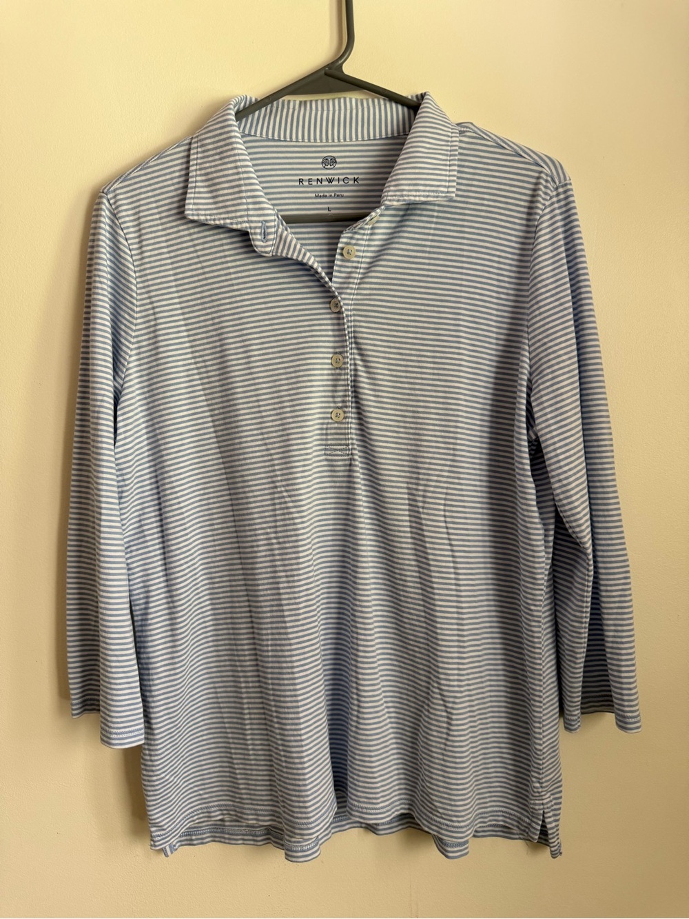 Renwick Women’s Light Blue & White Striped Long-Sleeve Polo Tee 100% Pima Cotton